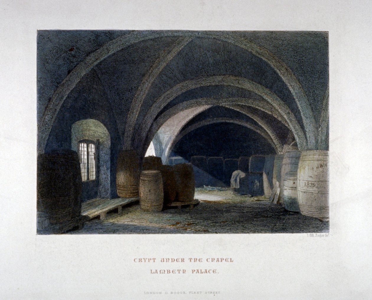 Cripta llena de barriles bajo la capilla en el Palacio de Lambeth, Londres, 1851 de John Wykeham Archer