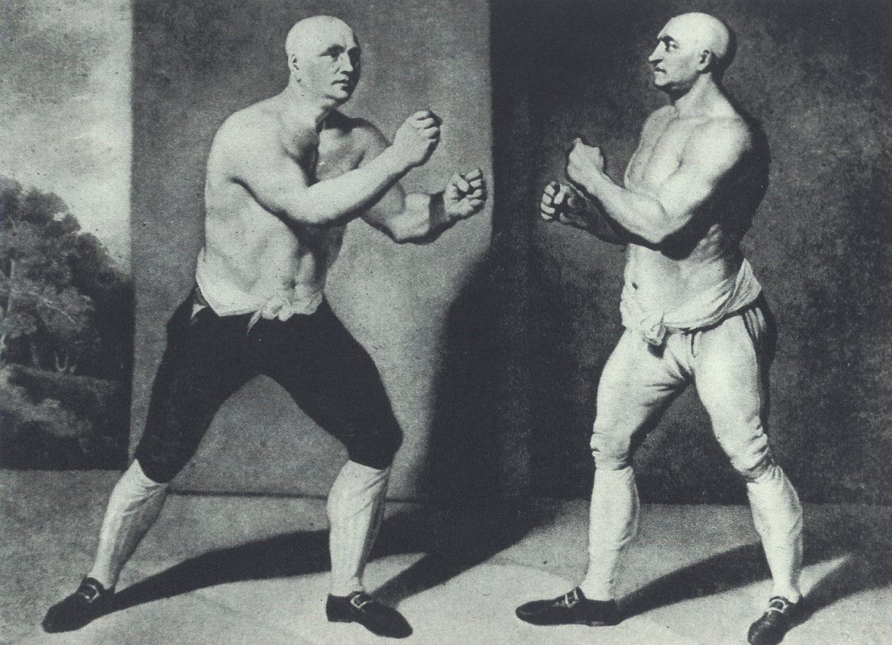 Primeros boxeadores británicos a puño limpio, John Broughton (izquierda) y George Stevenson pelean en 1741: Broughton inventó el guante de boxeo de John Young