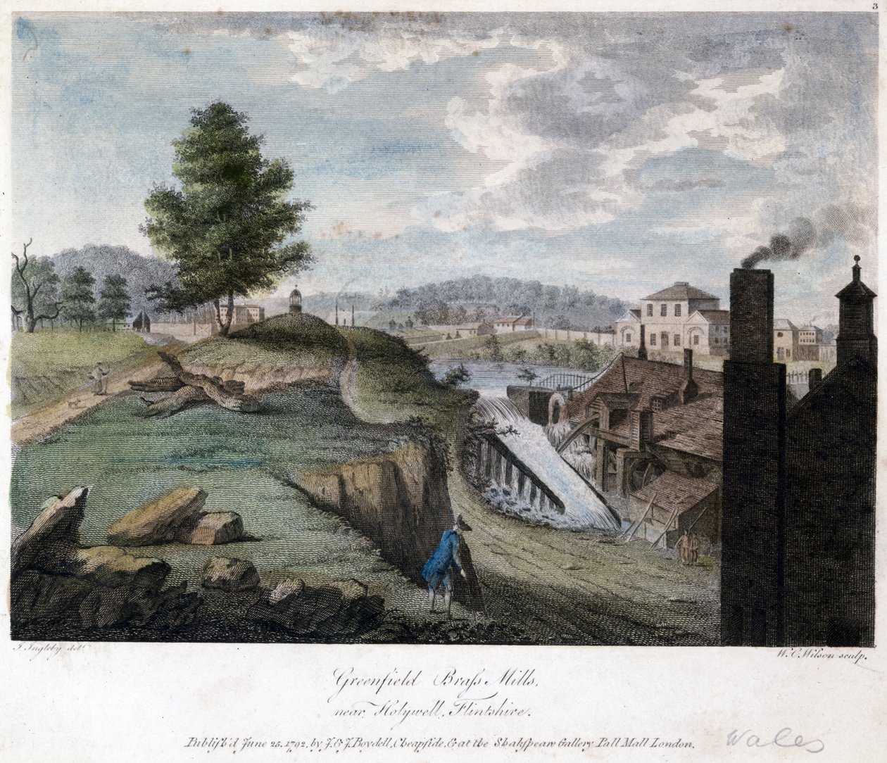 Molinos de latón de Greenfield, cerca de Holywell, Flintshire, grabado por W.C. Wilson, c.1792 de John after Ingleby
