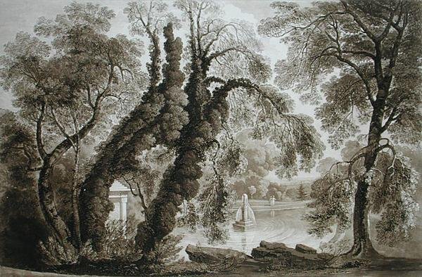 Vista de la fuente del templo desde el lado opuesto, Sezincote, grabado por Frederick Christian Lewis Snr., c.1817-18 de John after Martin