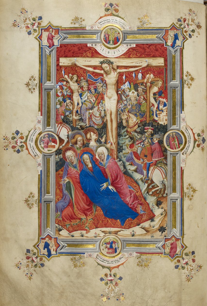 La Crucifixión, introducción al Canon de la Misa. Cristo en la cruz, flanqueado por ladrones, Virgen desmayada sostenida por mujeres y San Juan, Magdalena al pie de la cruz. Multitud de espectadores a caballo vestidos con trajes de la época, entre ellos Lo de John and Siferwas John (fl. 1380–1421 Whas