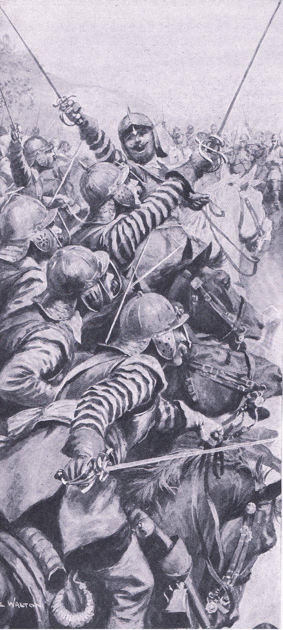 Enfrentamiento de caballería en la batalla de Edgehill, 23 de octubre de 1642, ilustración de British Battles on Land and Sea, 1915 de John de Walton