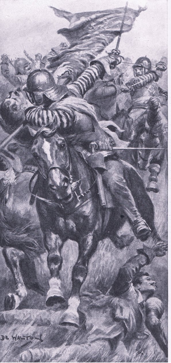 Teniente John Smith recuperando el estandarte del rey en Edgehill, 23 de octubre de 1642, ilustración de British Battles on Land and Sea, 1915 de John de Walton