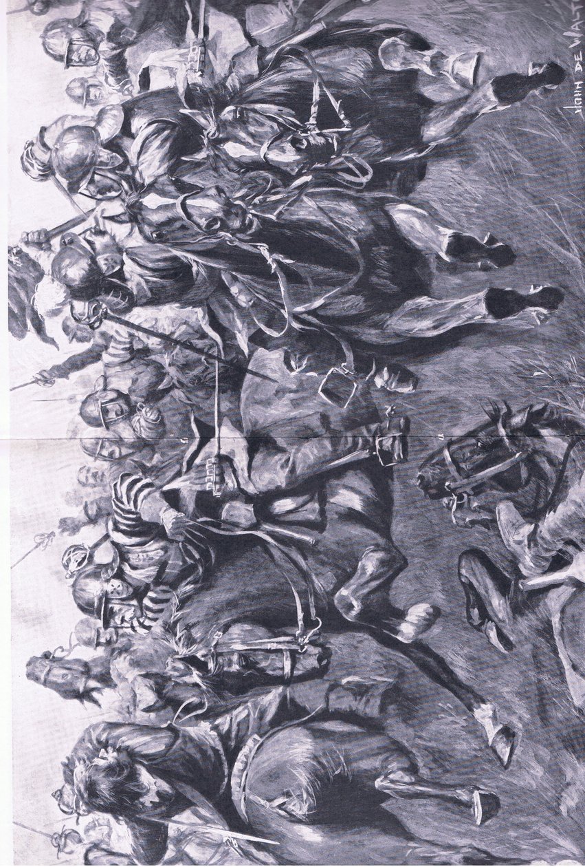 Marston Moor, 2 de julio de 1644: La caballería escocesa bajo Leslie, atacando el flanco del príncipe Rupert, ilustración de British Battles on Land and Sea, 1915 de John de Walton