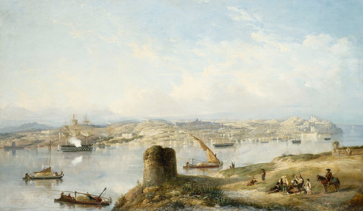 Vista extensa de Lisboa en el río Tejo con la Praça do Terreiro do Paço, la antigua catedral y el Castelo de S. Jorge de John or Giovanni Schranz