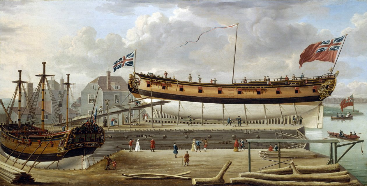 Un buque de sexta clase (sixth rate), buque de guerra de la Marina Real Británica, en dique seco, el astillero es probablemente el de Rotherhite, en la orilla sur del Támesis (Inglaterra) de John the Elder Cleveley