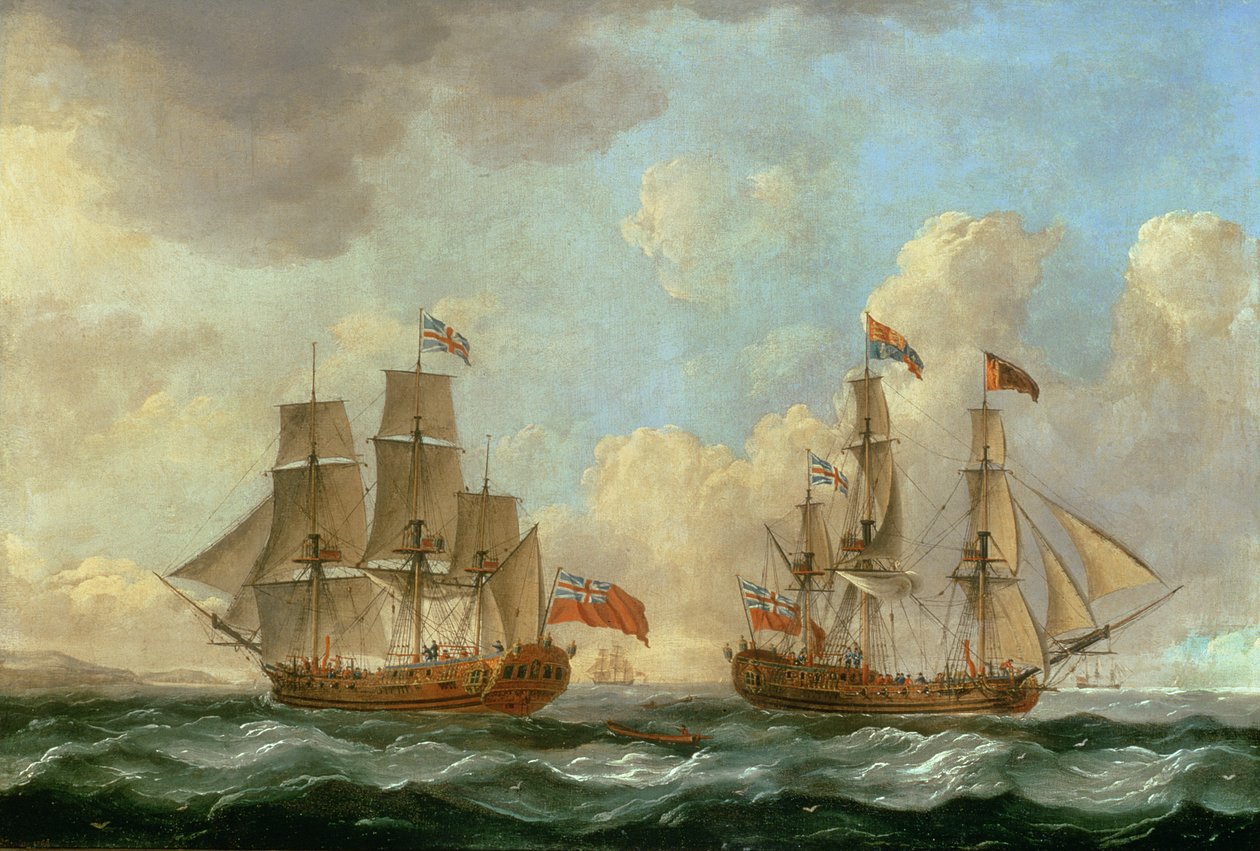 El Peregrino en Dos Posiciones frente a la Costa, 1766 de John the Elder Cleveley