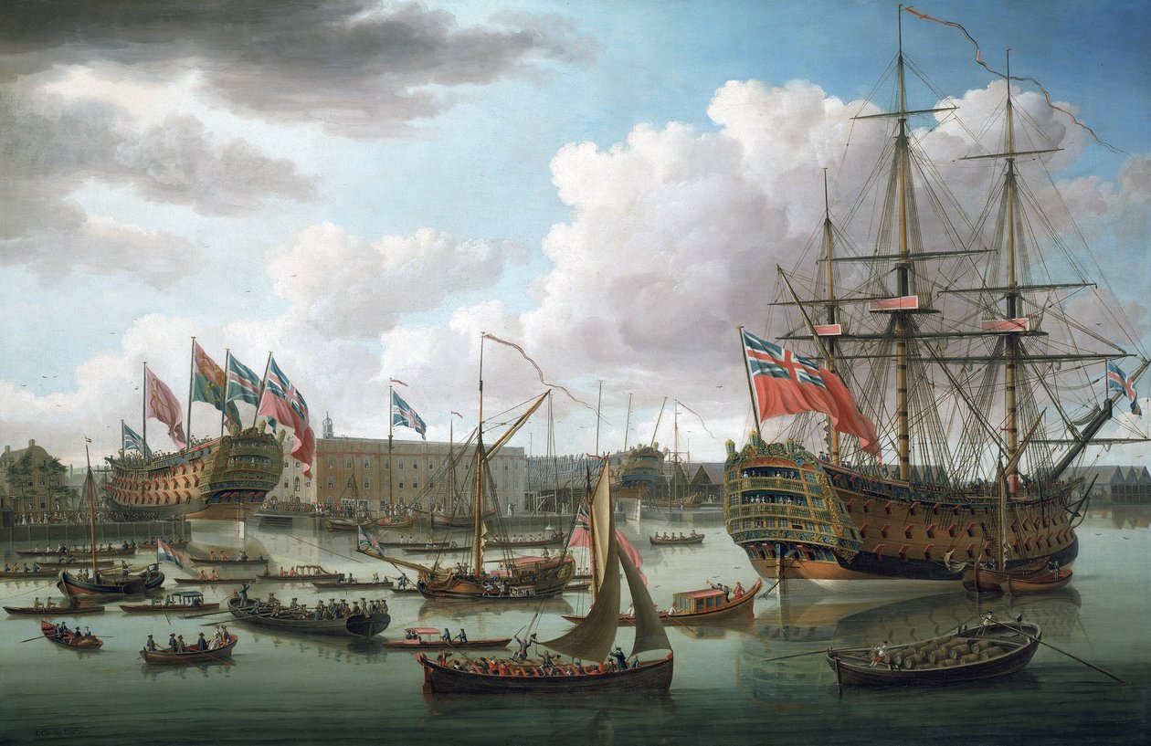 El "Royal George" en Deptford (Inglaterra) durante la botadura del "Cambridge" el 21 de octubre. de John the Elder Cleveley