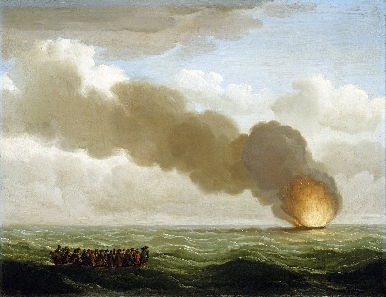 La tripulación de la galera "Luxborough", en un bote salvavidas, observa cómo su barco en llamas se hunde en alta mar el 25 de junio de 1727. de John the Elder Cleveley