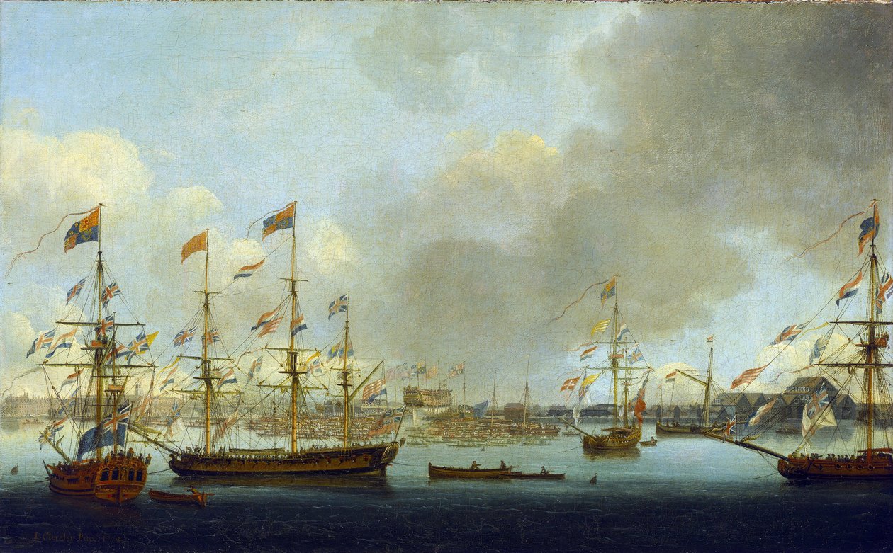 La botadura del HMS "Alexander" en Deptford, Inglaterra, en 1778, un buque de guerra de 74 cañones que luchó durante la Batalla del Nilo (o Batalla de Aboukir, en 1798). de John the Elder Cleveley