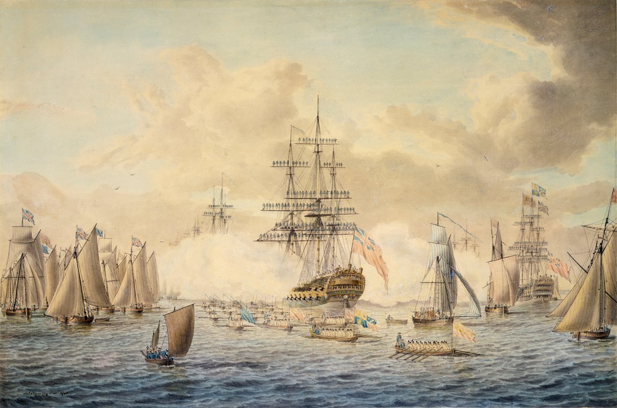 Jorge III pasando revista a la flota en Spithead, 22 de junio de 1773, representando al HMS "Royal Oak". de John the Younger Cleveley