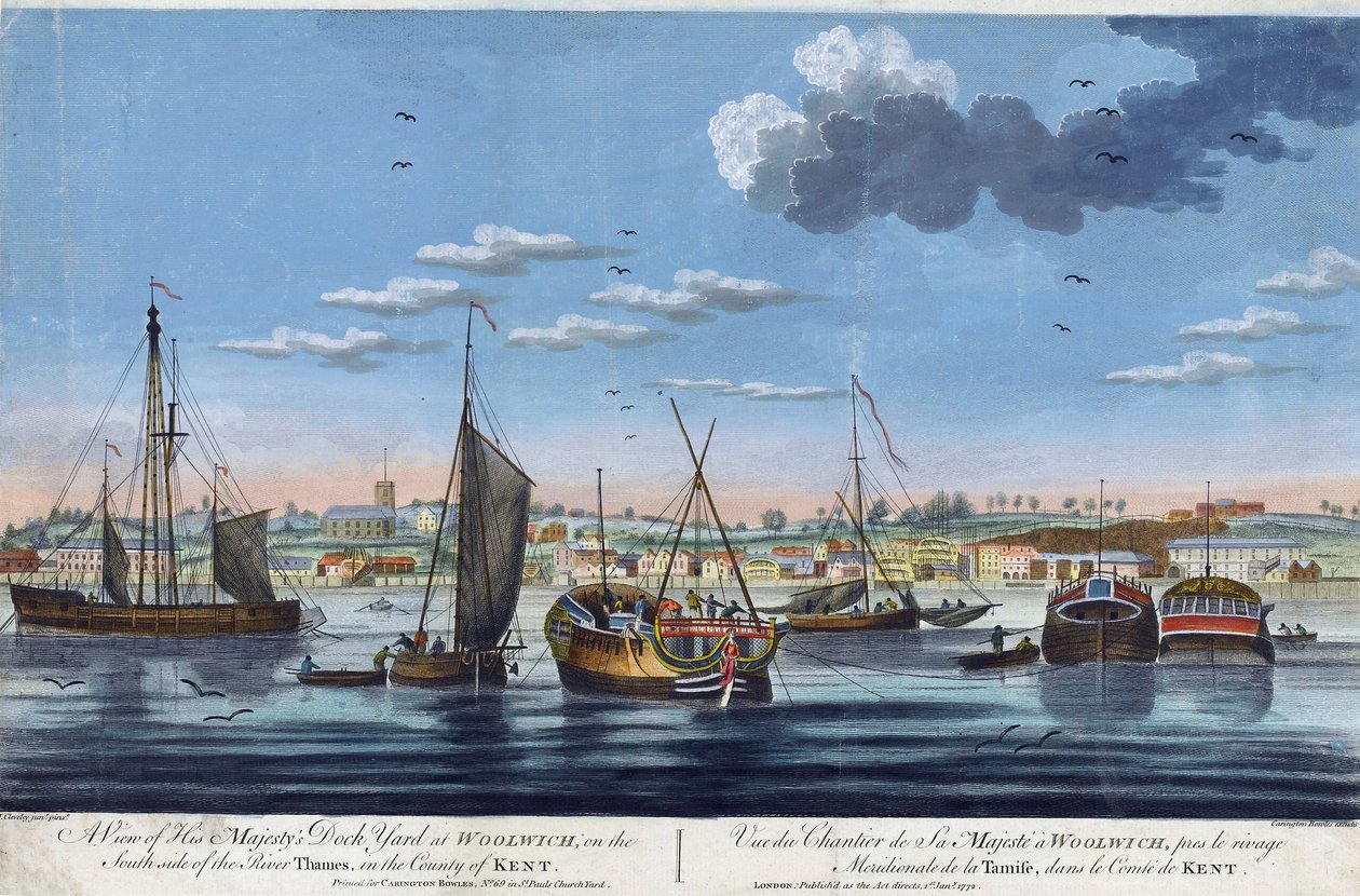 Vista de los muelles reales de Woolwich, en la orilla izquierda del Támesis (Inglaterra), en el condado de Kent. Aguafuerte en colores de John Clevely el Joven (1747-1786) de John the Younger Cleveley