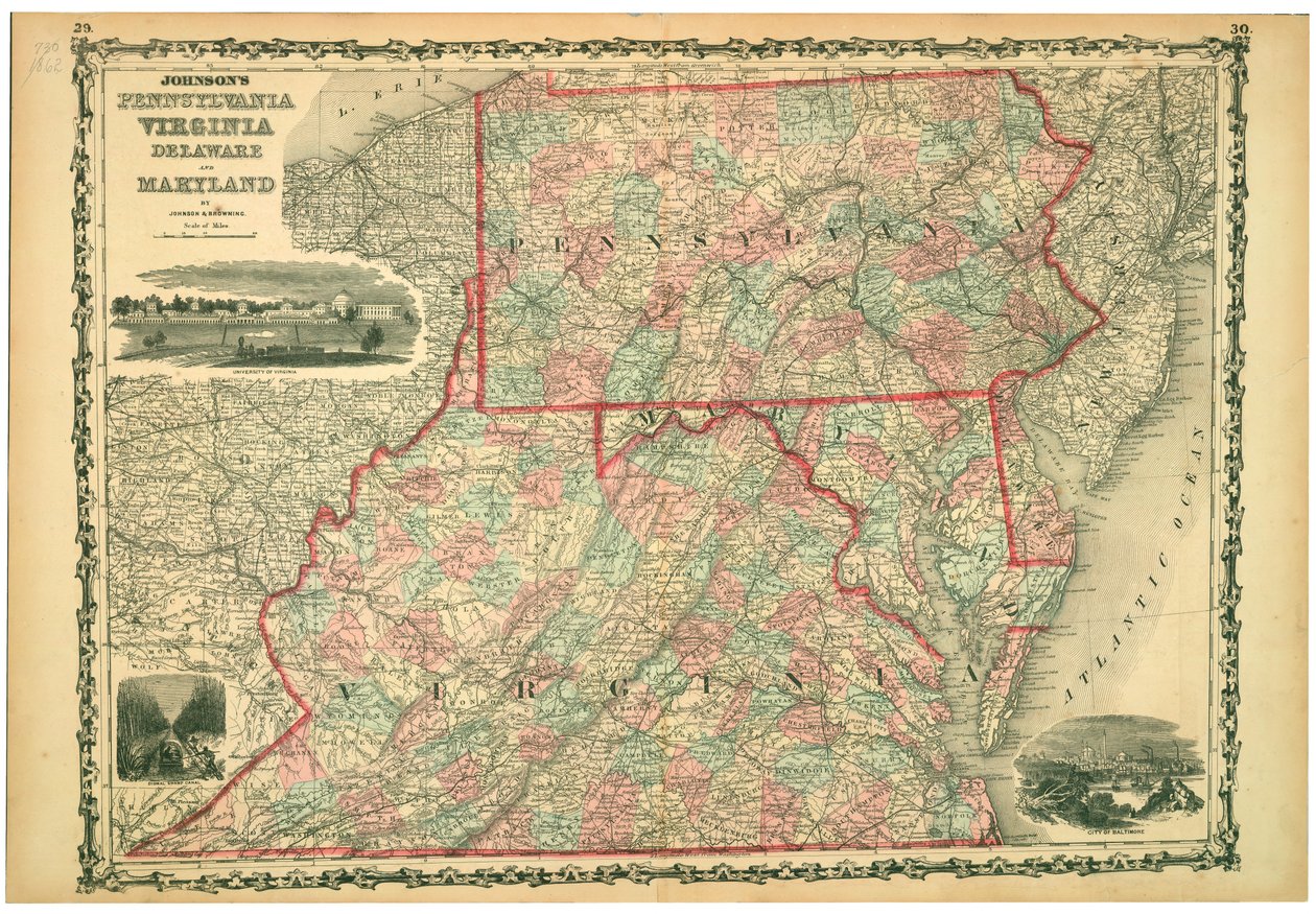 Universidad de Virginia, Pantano Tenebroso y Ciudad de Baltimore. Placas 29-30. Relieve mostrado por hachuras. de Johnson and Browning
