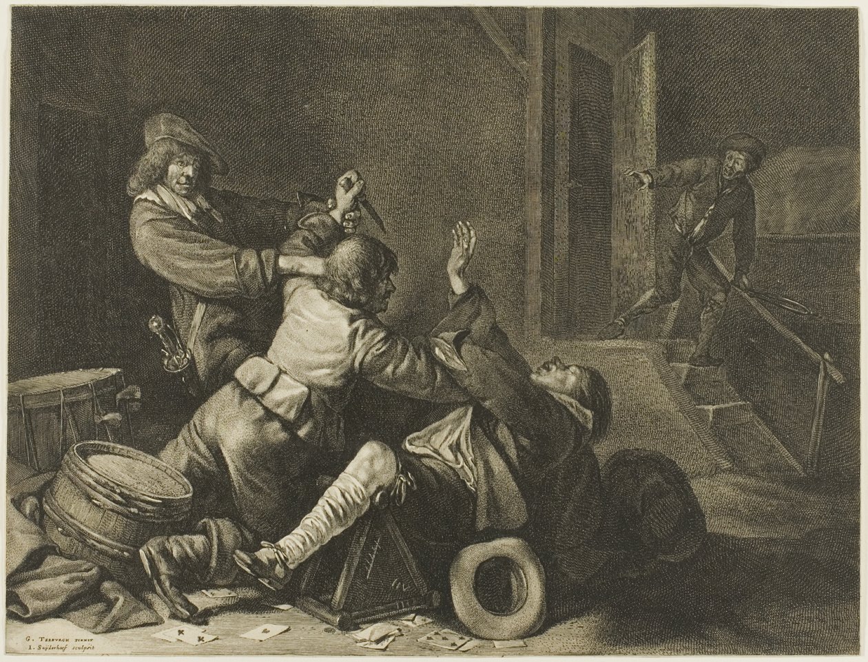 Tres hombres luchando en un interior de Jonas Suyderhoef