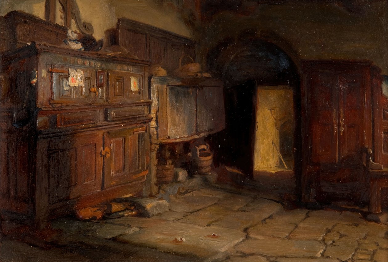 Interior de una cabaña bretona, 1887 de Jonathon Pratt