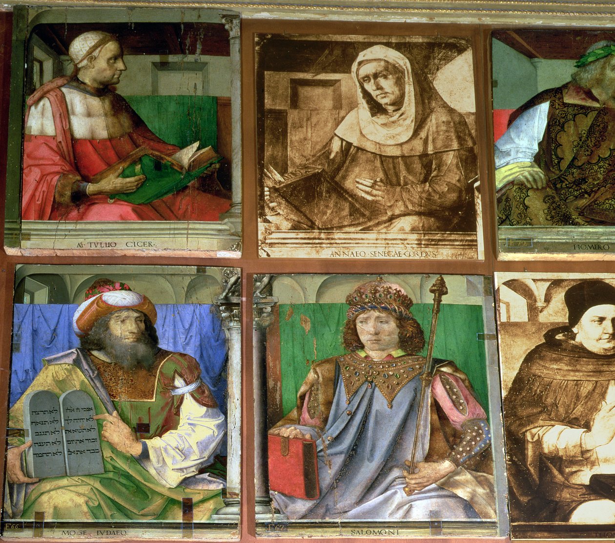 El Estudio de Federigo da Montefeltro, Duque de Urbino, en el sentido de las agujas del reloj desde TL: Cicerón, orador romano; Séneca, filósofo estoico romano; Homero, poeta épico griego; San de Joos van Gent