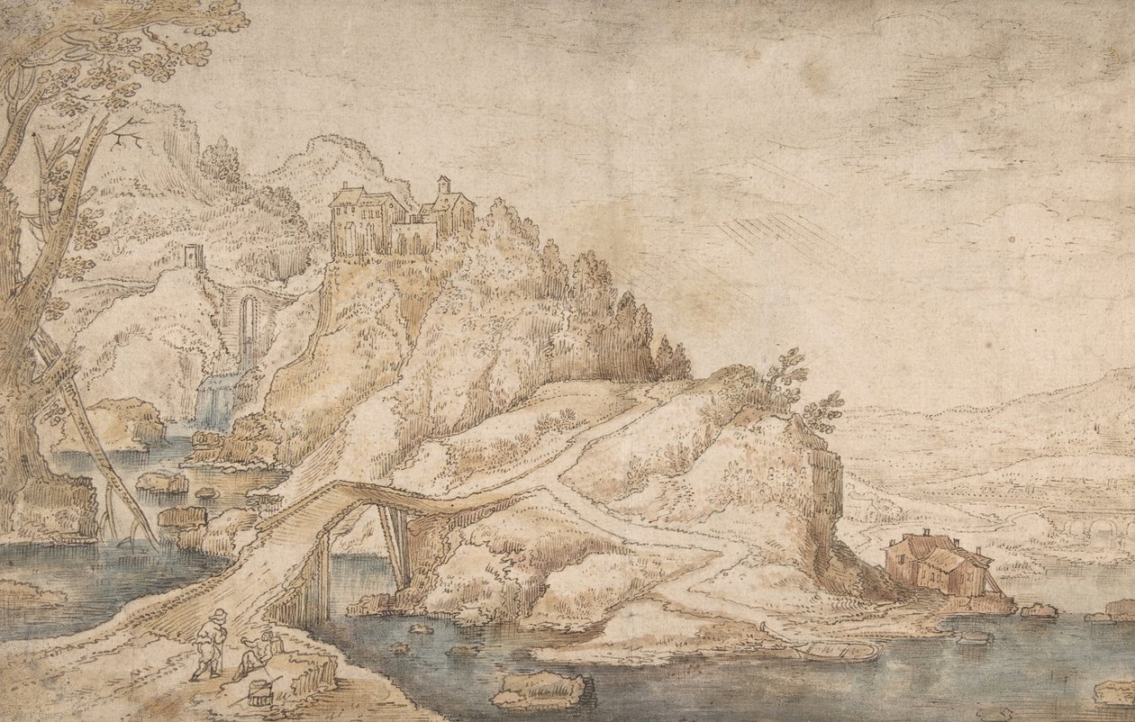Paisaje montañoso con río, puente y casas con dos figuras a la izquierda de Joos de Momper the Younger.