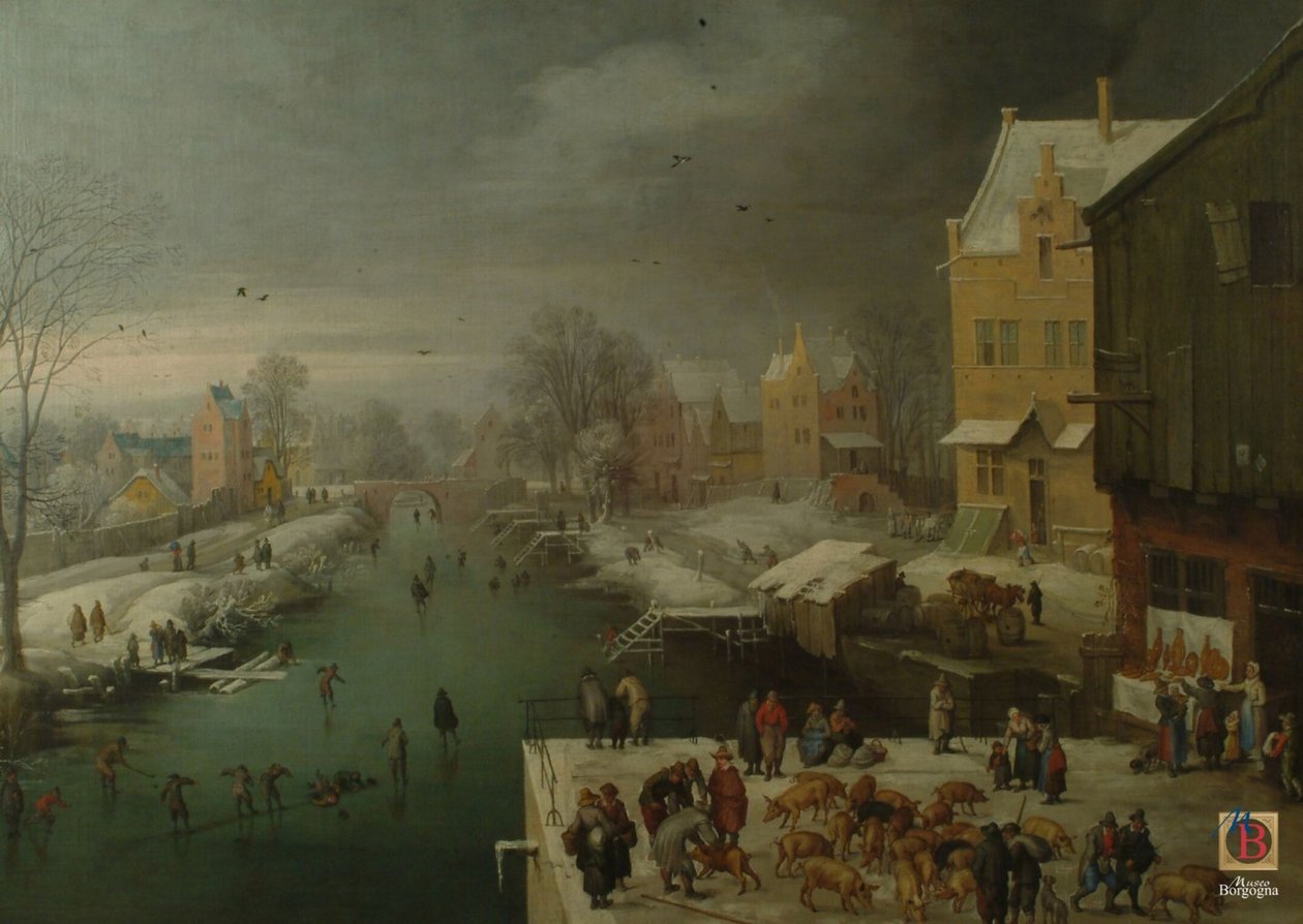 Paisaje invernal con patinadores y un mercado de cerdos de Joos de Momper the younger