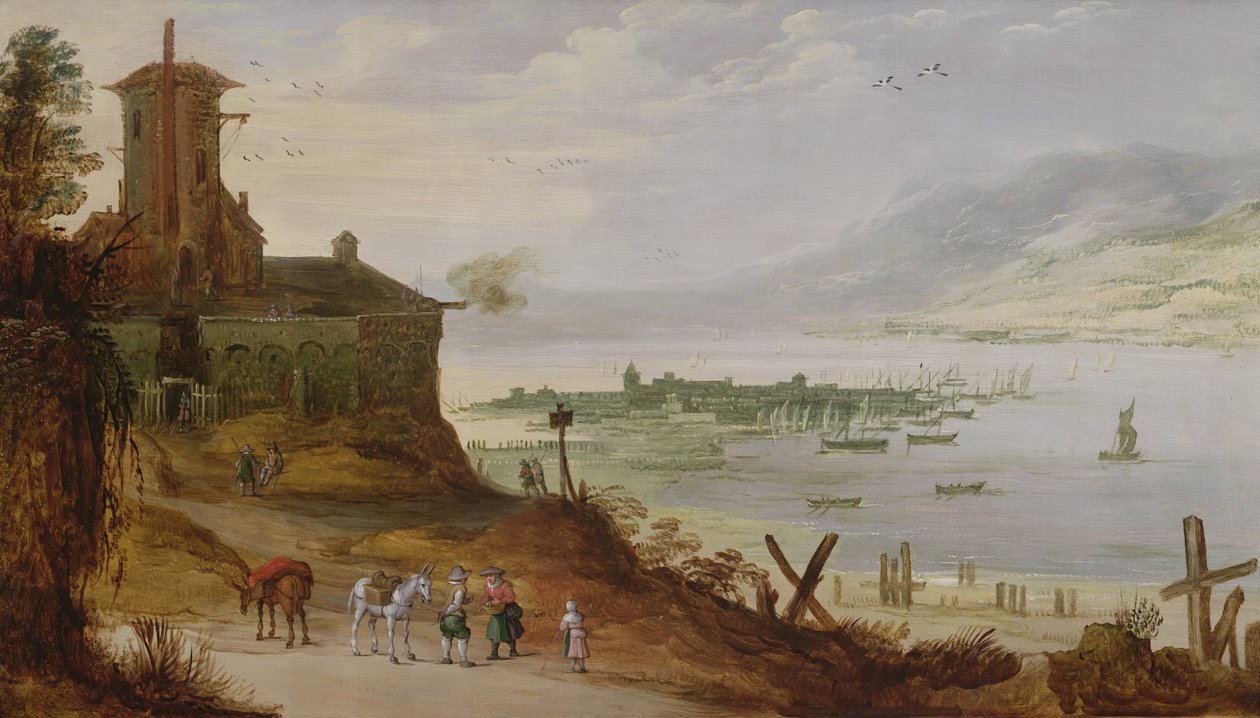 Pueblo en la ladera con vista al puerto de Joos or Josse de Momper