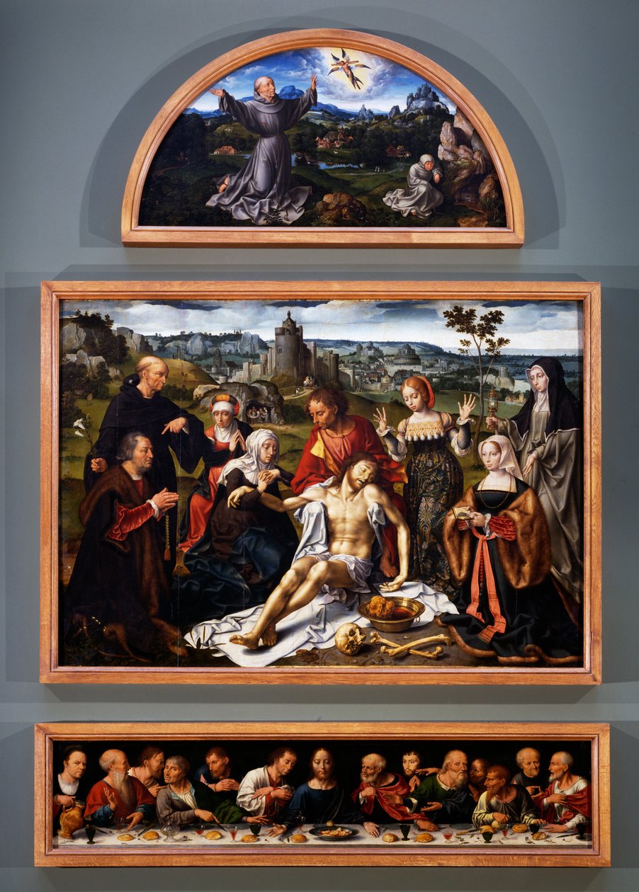 Retablo de la deposición, con los estigmas de San Francisco, la deposición de Cristo y la Última Cena de la Iglesia de los Frailes Menores en Génova, c.1520 de Joos van Cleve