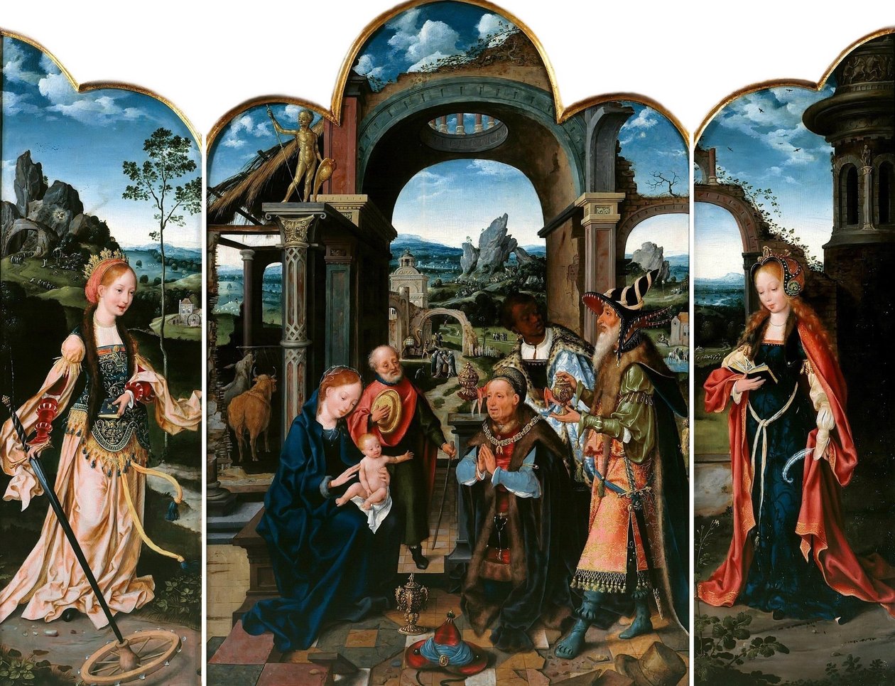 Holandés: Santa Catalina (izquierda); La Adoración de los Reyes Magos (centro); Santa Bárbara (derecha) Adoración de los Reyes Magos con Segismundo I de Polonia de Joos van Cleve