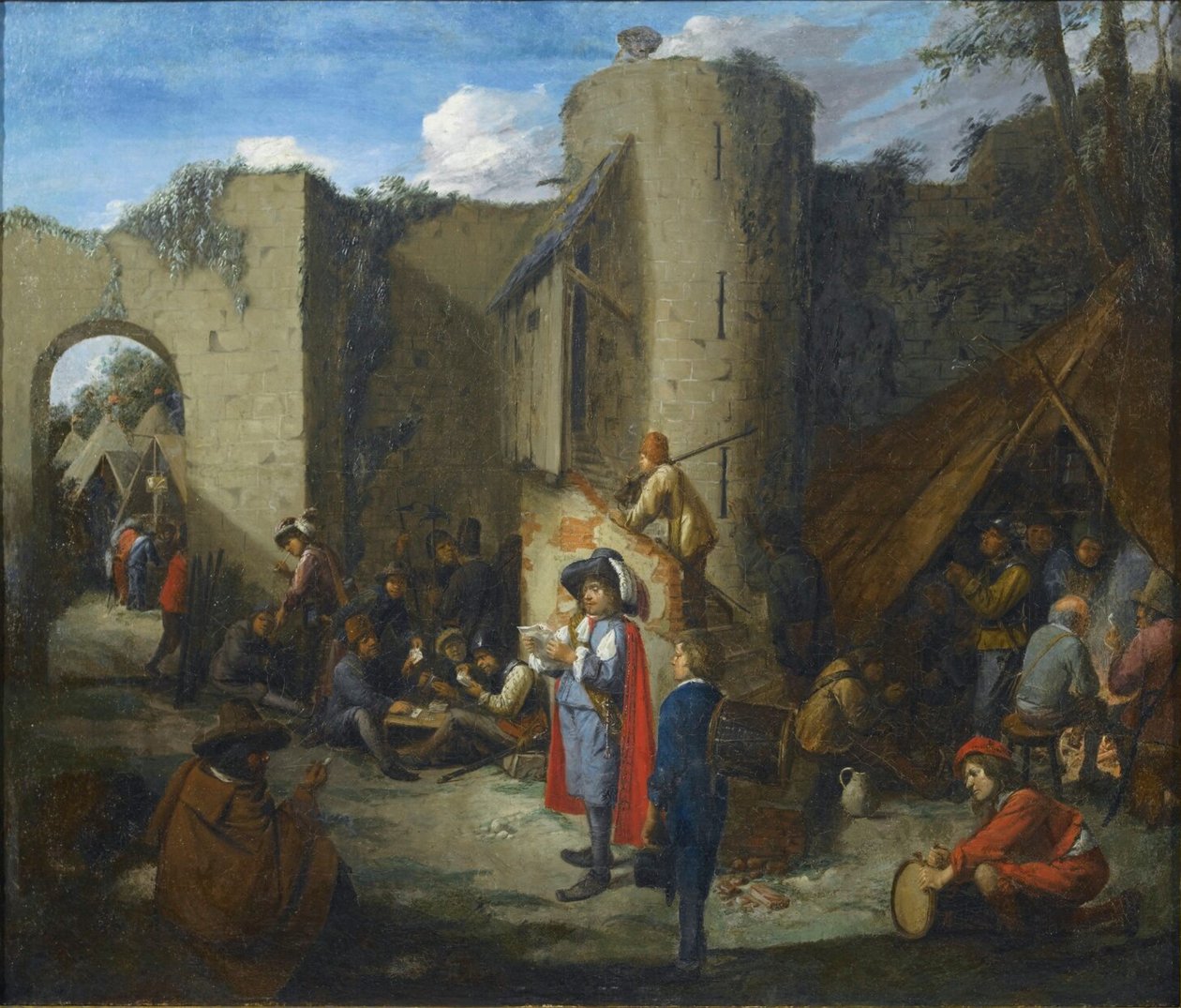 Un oficial leyendo una carta en un campamento militar junto a las murallas de un castillo de Joos van Craesbeeck