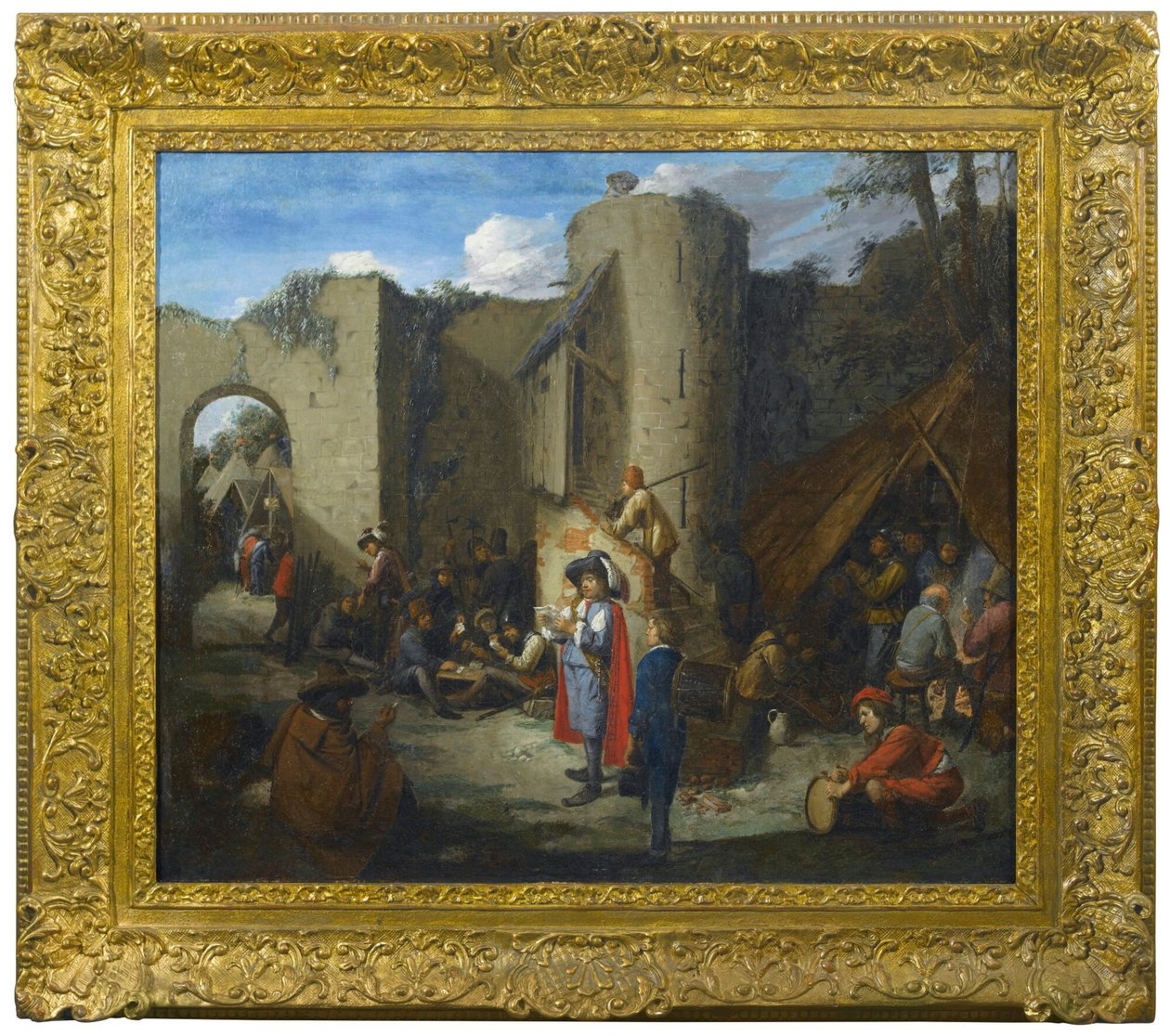 Un oficial leyendo una carta en un campamento militar junto a las murallas de un castillo de Joos van Craesbeeck