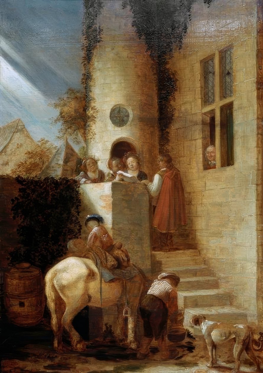 La llegada del jinete con un documento de Joos van Craesbeeck