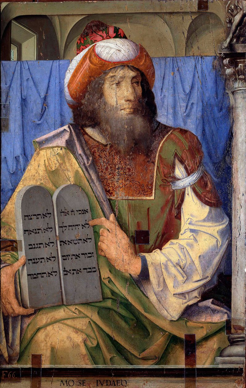 Retratos de hombres ilustres: Moisés y las tablas de la ley de Joos van Gent (fl.1460 75)