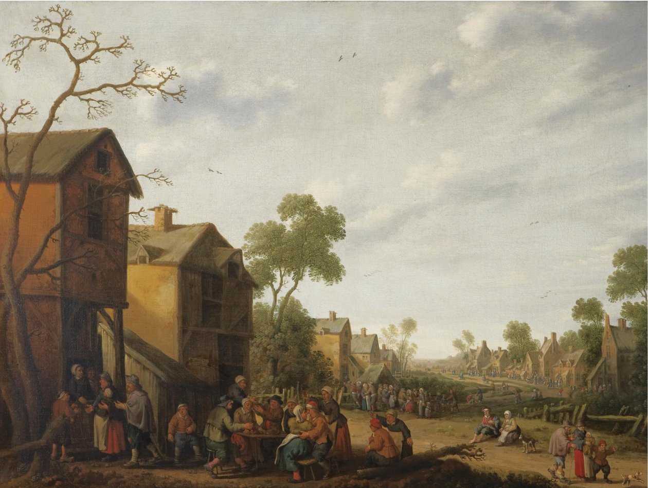 Escena de pueblo con campesinos comiendo y bebiendo fuera de una posada, mendigos a la izquierda de Joost Cornelisz Droochsloot