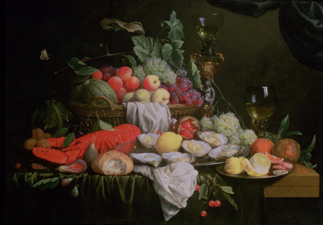 Naturaleza muerta con limón, ostras, langosta y frutas, 1658 de Joris van Son