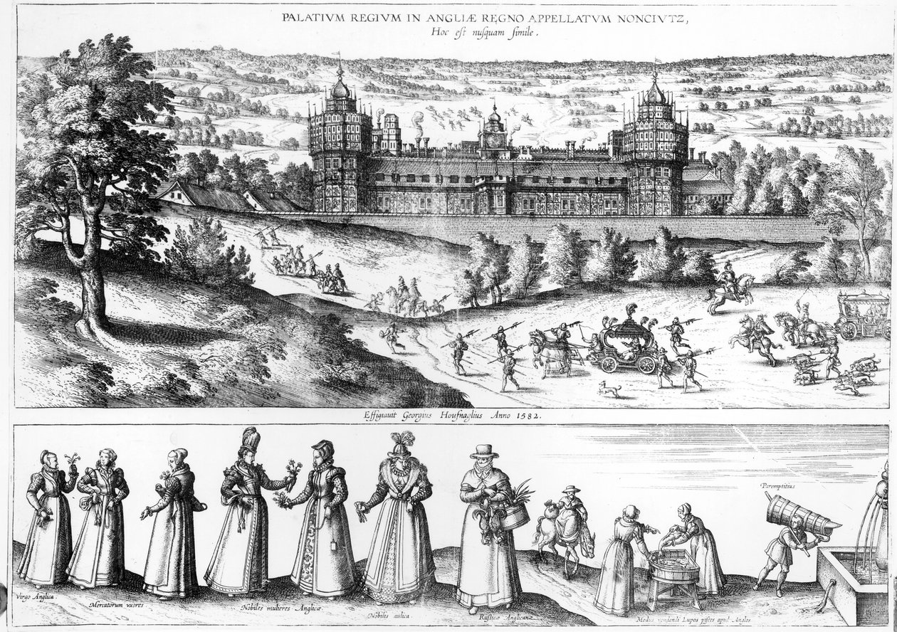 Llegada de la Reina Isabel I al Palacio de Nonesuch y hombres y mujeres de la sociedad Tudor, 1582 de Joris Hoefnagel