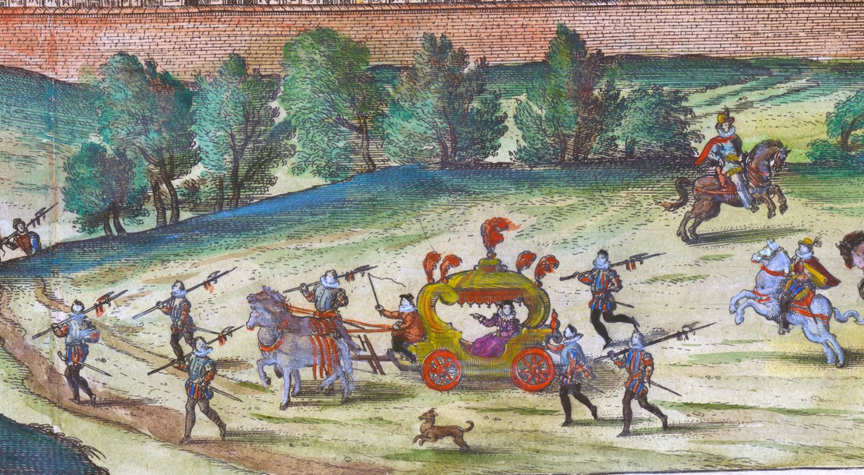 Llegada de la Reina Isabel I al Palacio de Nonesuch con sus cortesanos, guardias y perros, 1598 (detalle) de Joris Hoefnagel