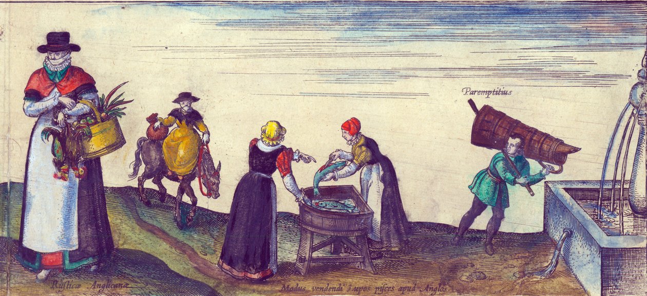 Campesinos yendo al mercado, vendedoras de pescado vendiendo lucios y un aprendiz recogiendo agua de una fuente, 1598 (detalle) de Joris Hoefnagel