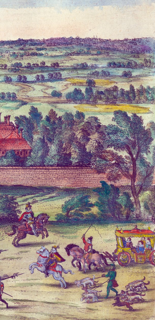 Cortesanos y perros de caza acompañando la llegada de la Reina Isabel I al Palacio de Nonsuch, 1598 (detalle) de Joris Hoefnagel