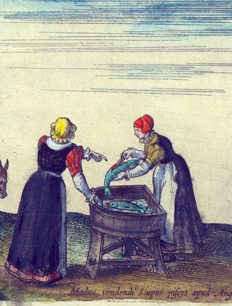 Vendedoras de pescado vendiendo y destripando lucios, 1598 (detalle) de Joris Hoefnagel