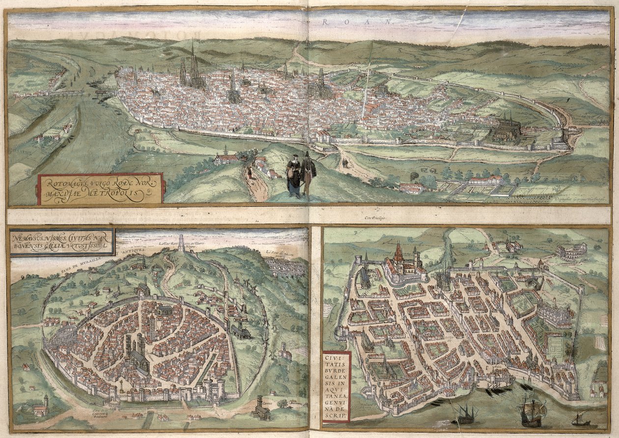 Planos de las ciudades de Rouen, Nimes y Burdeos, de 