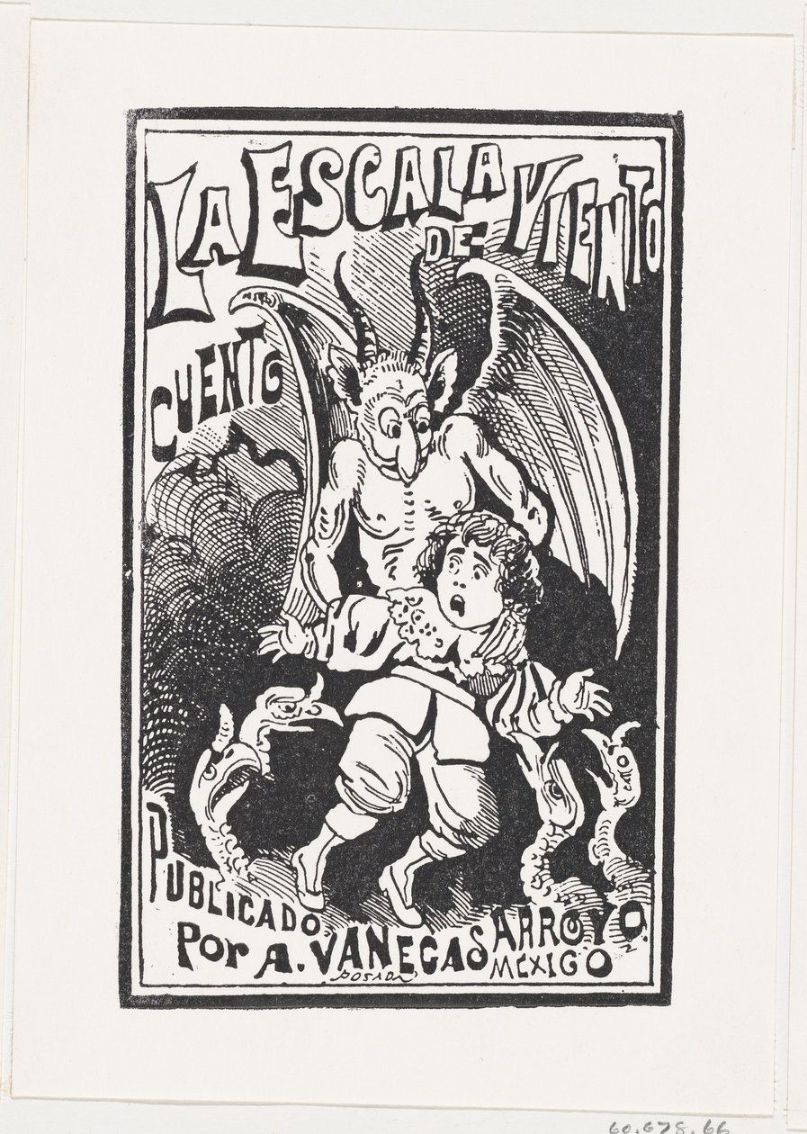 Un demonio sosteniendo a un niño por los hombros sobre un grupo de buitres, ca. 1880-1910 de José Guadalupe Posada