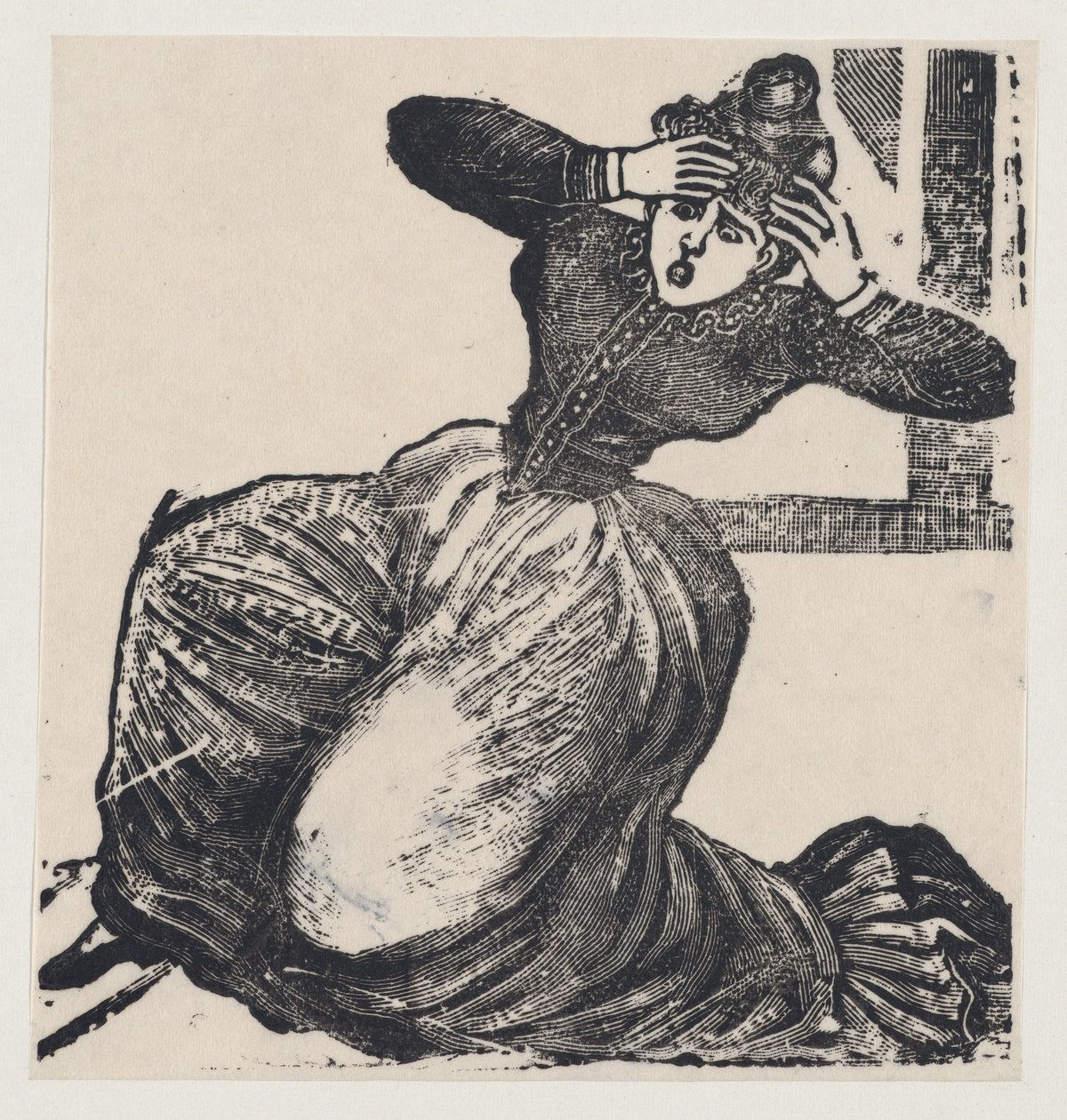 Una mujer jadeante en el suelo con las manos levantadas a la cabeza, de un cartel titulado..., 1893 de José Guadalupe Posada