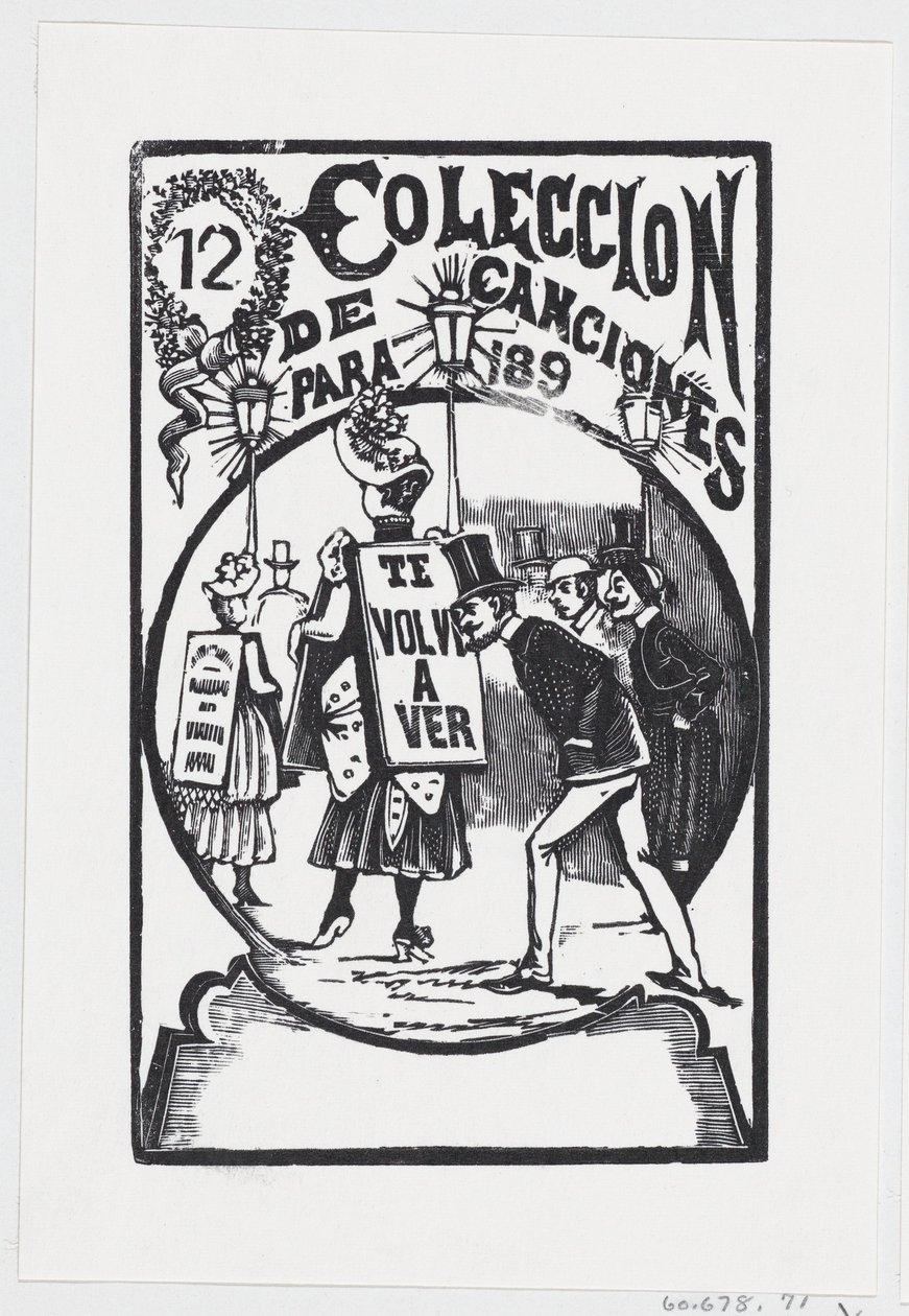 Un hombre agachado para mirar a una mujer con un cartel en la espalda, ilustración para, ca. 1890 de José Guadalupe Posada