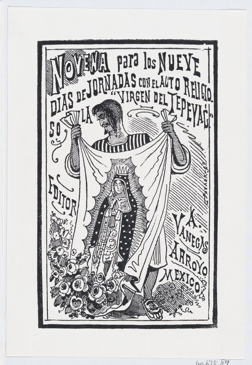 Un hombre sosteniendo un trozo de tela con una imagen de la Virgen, ilustración para... de José Guadalupe Posada