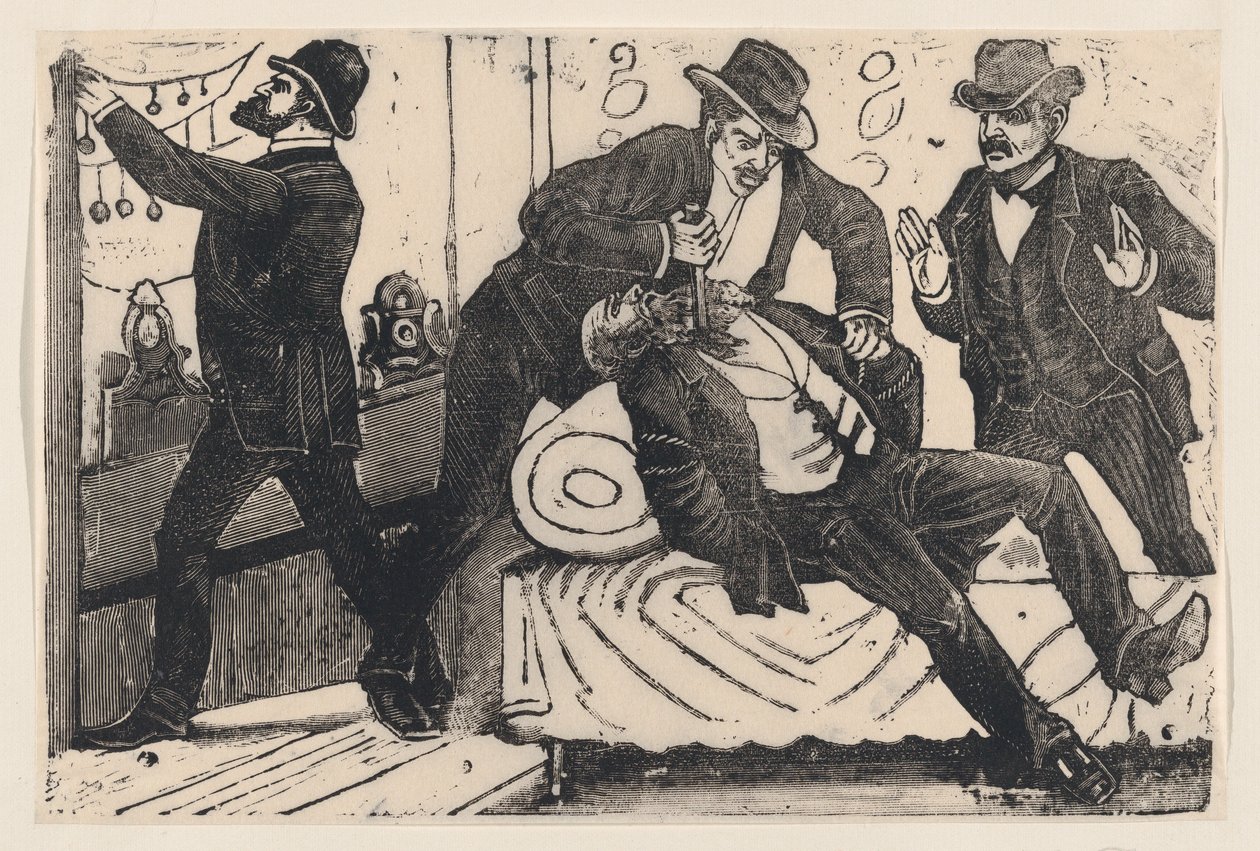 Un hombre apuñalando a otro hombre en el pecho mientras sus asociados saquean una tienda, ca. 1890-1891 de José Guadalupe Posada