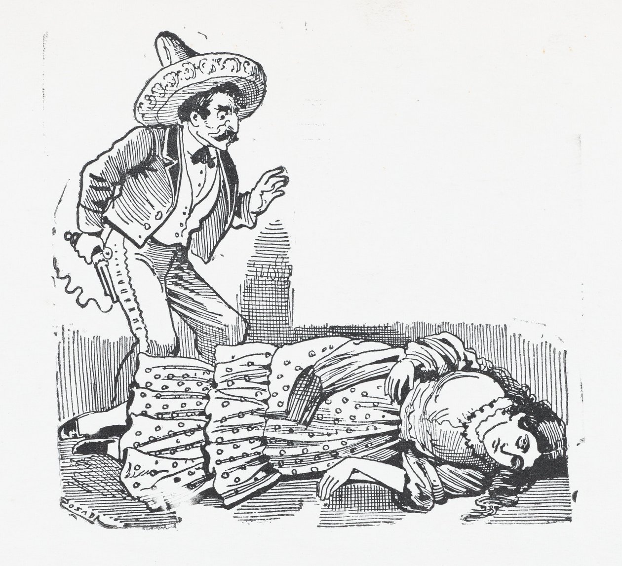 Un hombre con un arma de pie sobre una mujer a la que acaba de disparar, ca. 1880-1910 de José Guadalupe Posada