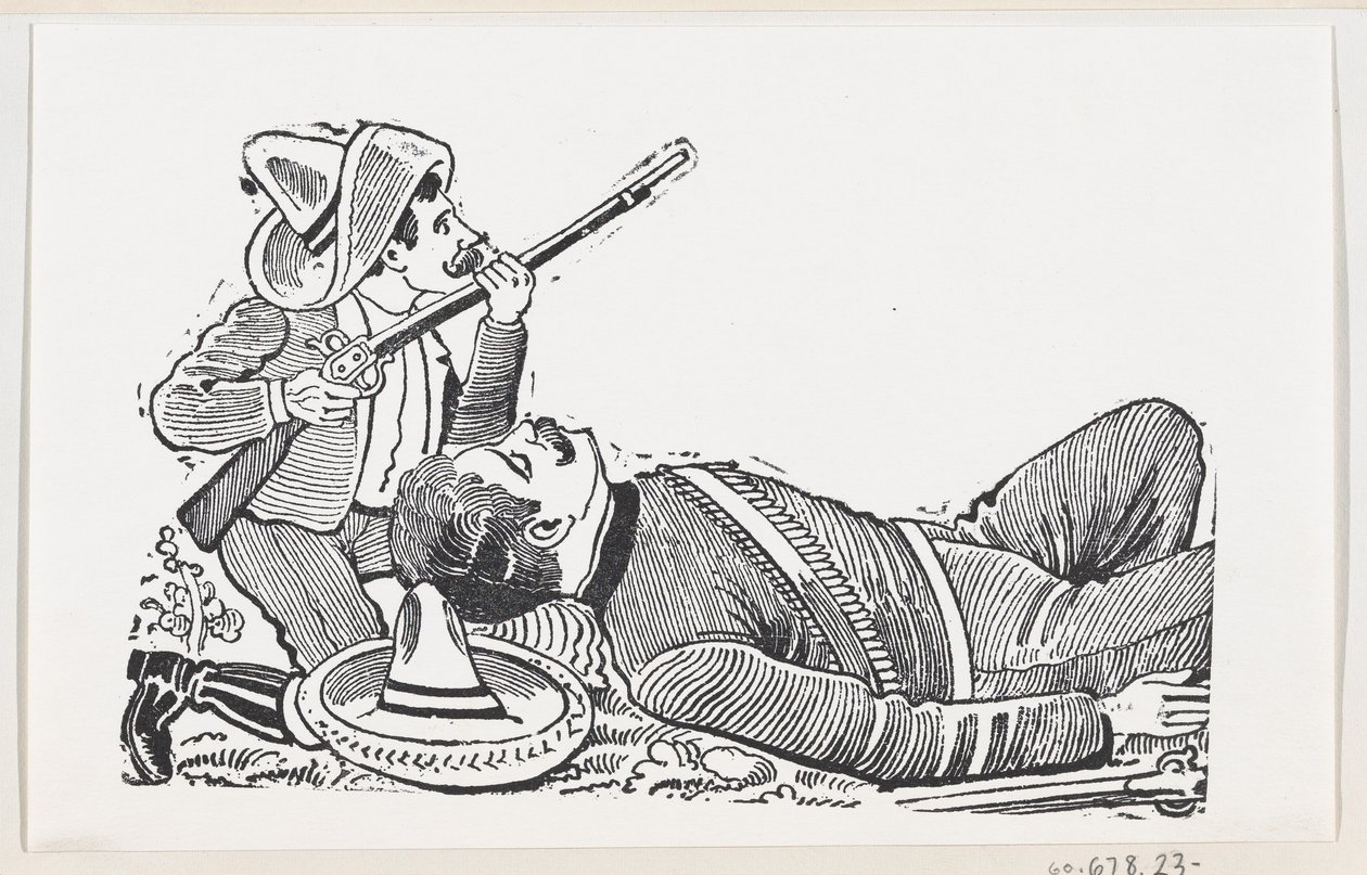 Un revolucionario sosteniendo un rifle y arrodillado para proteger a un revolucionario caído, c. 1880-1910 de José Guadalupe Posada