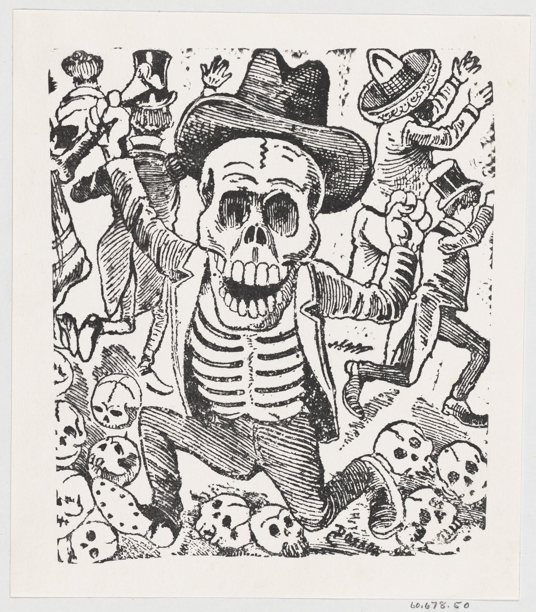 Un esqueleto sosteniendo un hueso y saltando sobre una pila de cráneos mientras la gente huye, ca. 1907 de José Guadalupe Posada