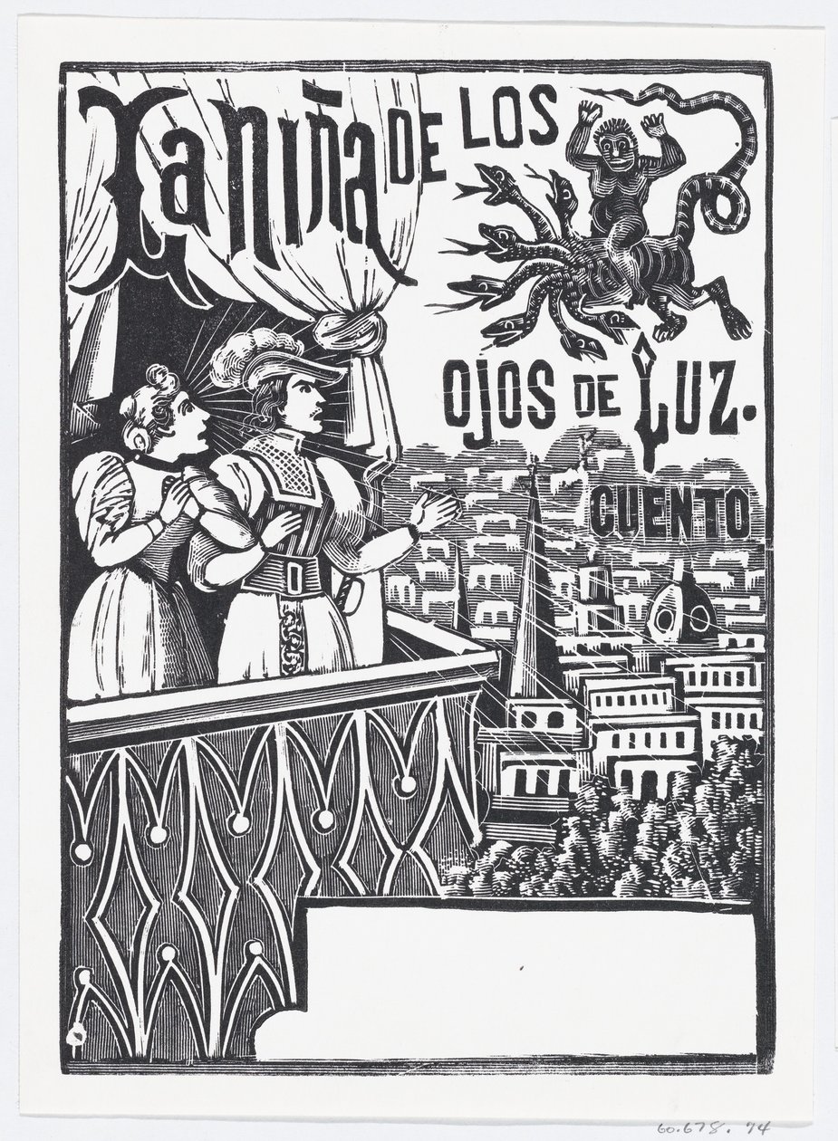Una mujer y un hombre de pie en un balcón mirando a un monstruo volador en el cielo..., ca. 1880-1910 de José Guadalupe Posada