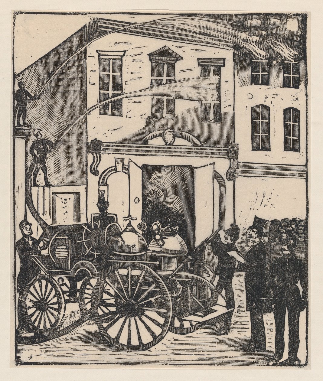 Bomberos apagando un incendio en una casa, camión de bomberos en primer plano, ca. 1880-1910 de José Guadalupe Posada
