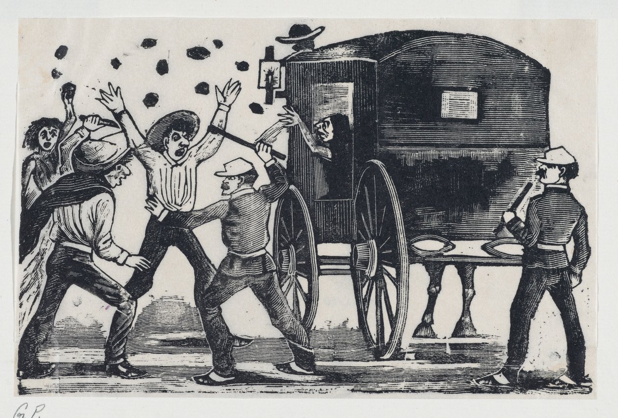 Hombres peleando cerca de un caballo y un carruaje de José Guadalupe Posada