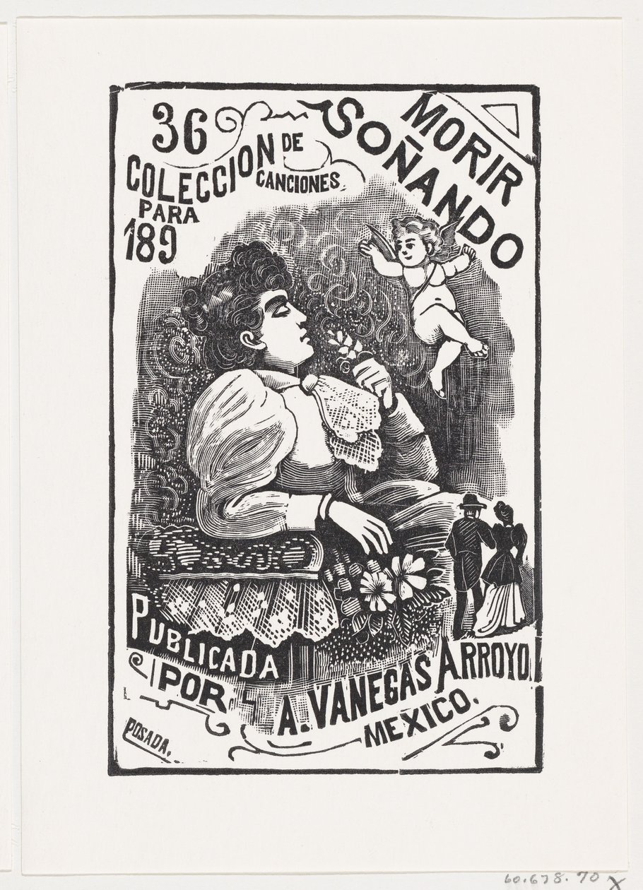 Perfil de una mujer sentada en una silla con la cabeza hacia atrás y sosteniendo una flor, ca. 1890 de José Guadalupe Posada