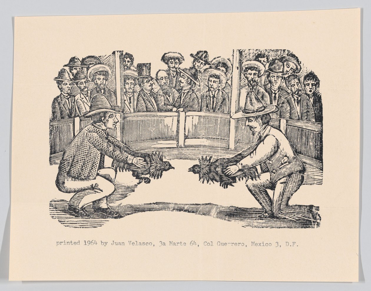 Dos hombres en una arena sosteniendo gallos en preparación para una pelea, ca 1890-1910 reimpreso 1964 de José Guadalupe Posada